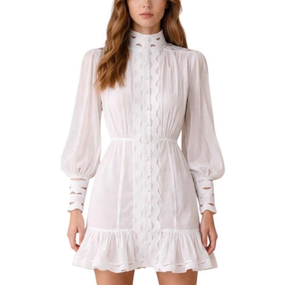 Avant Look White Ruffle High Neck Long Sleeve Button Front Mini Dress Size M